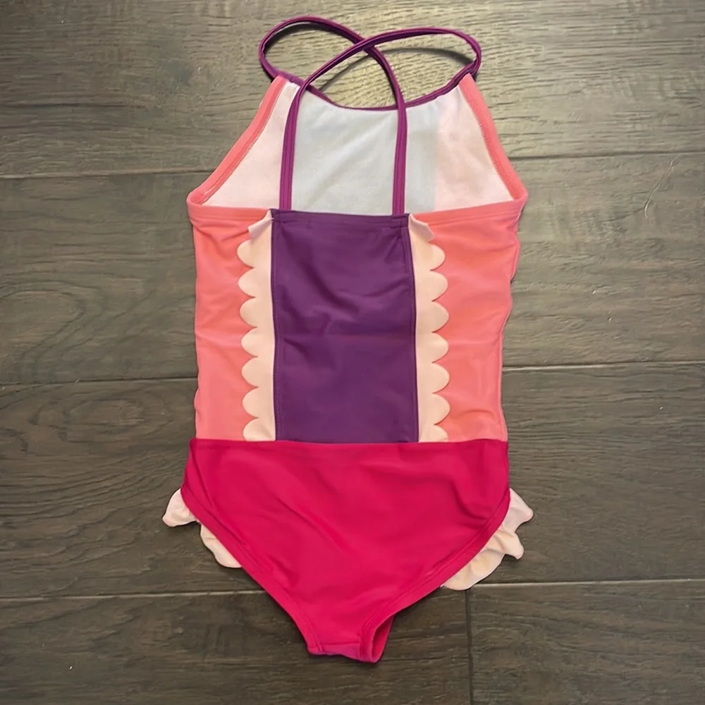 Dot dot smile scalloped pink and purple swim suit size 5/6